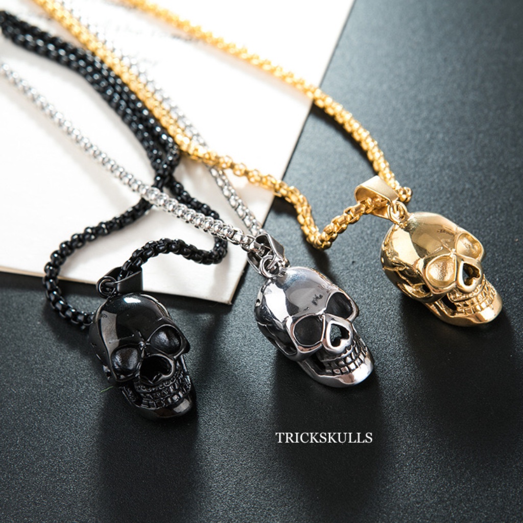 Modern Vintage Black Silver & Gold Stainless Skull Pendant Necklace W Box Chain